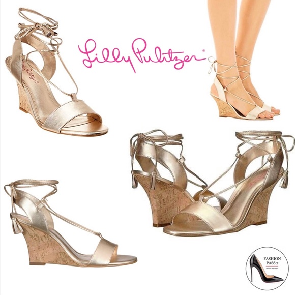Lilly Pulitzer Aria Cork Wedge Heel Gold Leather Pump Sandal Lace Up Dress Shoes - Picture 4 of 12
